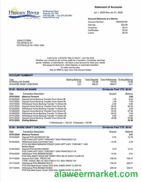 USA Pennsylvania Hidden River Credit Union statement of account Word and PDF template